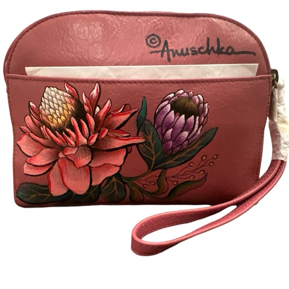 New Anuschka Hand-Painted Leather Crossbody Bag/Wristlet-Hawaiian Floral - Picture 1 of 7